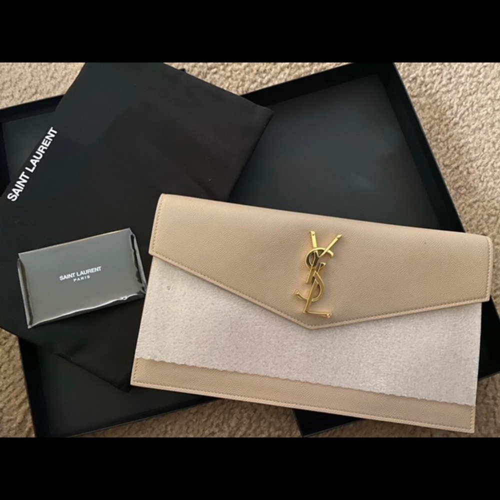 Beige YSL Uptown Clutch-box, cards, dust bag